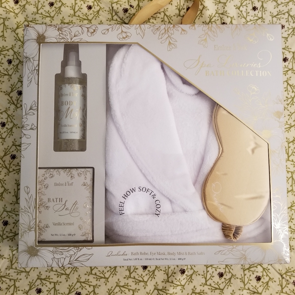 Spa Luxuries Boxed Bath Collection White Robe Gold Eye Sleep Mask Mist Giftbox